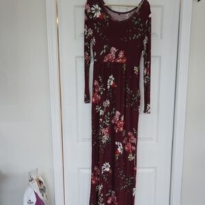 Elegant Floral Long Sleeve Maxi Dress - Burgundy